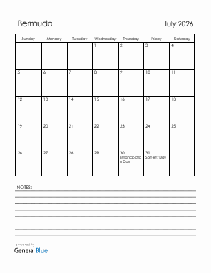 Current month calendar with Bermuda holidays for July 2026