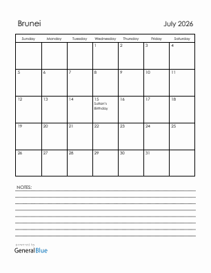 Current month calendar with Brunei holidays for July 2026