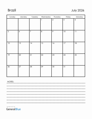Current month calendar with Brazil holidays for July 2026