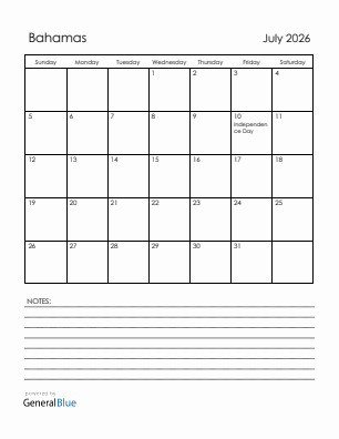 Current month calendar with Bahamas holidays for July 2026