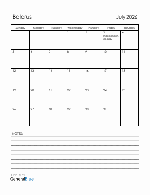 Current month calendar with Belarus holidays for July 2026