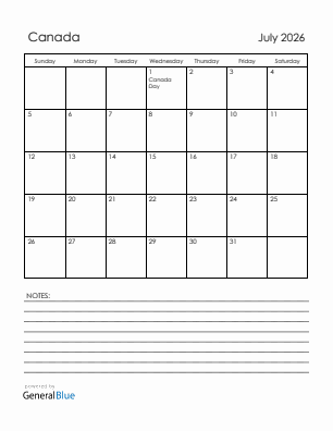 Current month calendar with Canada holidays for July 2026