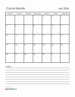 Current month calendar with Cocos Islands holidays for July 2026