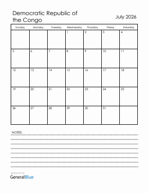 Current month calendar with Democratic Republic of the Congo holidays for July 2026