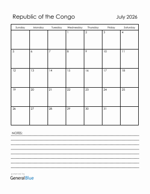 Current month calendar with Republic of the Congo holidays for July 2026