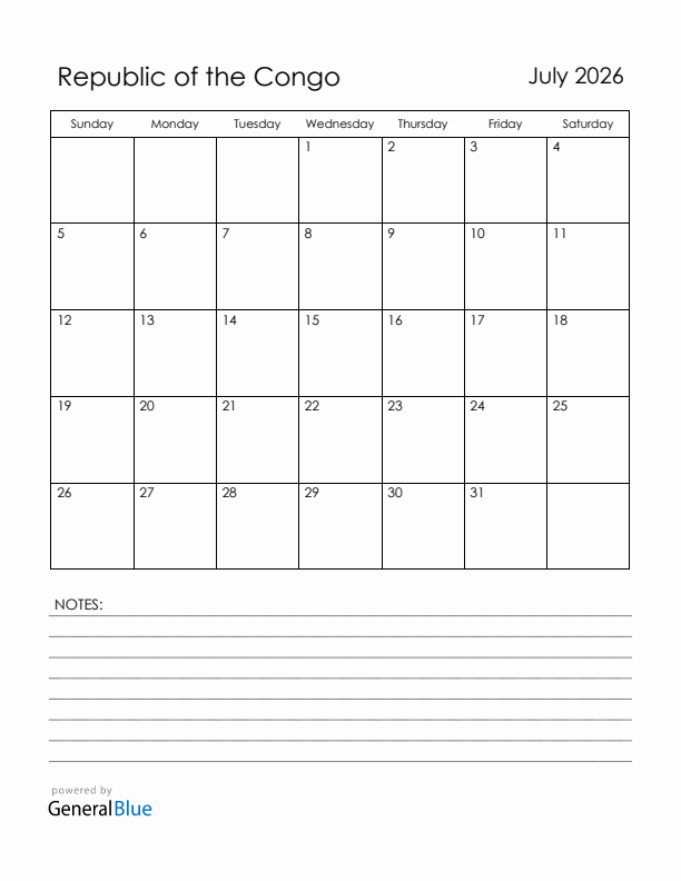 July 2026 Republic of the Congo Calendar with Holidays (Sunday Start)