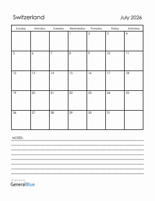 Current month calendar with Switzerland holidays for July 2026
