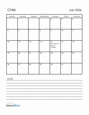 Current month calendar with Chile holidays for July 2026