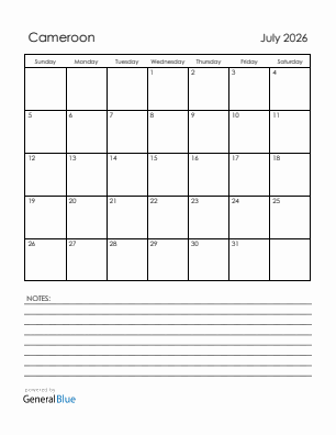 Current month calendar with Cameroon holidays for July 2026