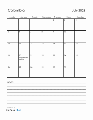 Current month calendar with Colombia holidays for July 2026