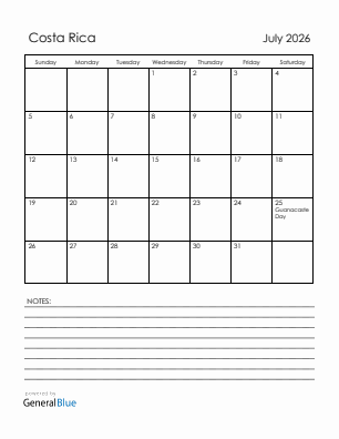 Current month calendar with Costa Rica holidays for July 2026