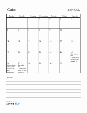 Current month calendar with Cuba holidays for July 2026