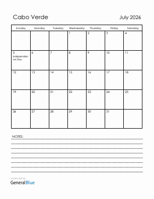 Current month calendar with Cabo Verde holidays for July 2026