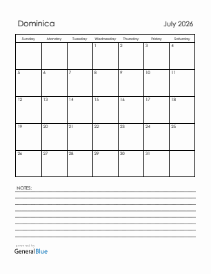 Current month calendar with Dominica holidays for July 2026