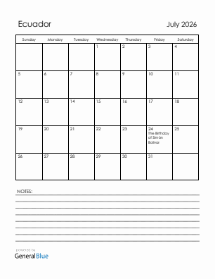 Current month calendar with Ecuador holidays for July 2026