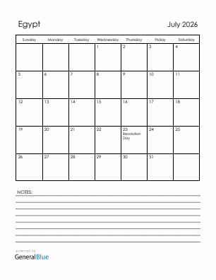 Current month calendar with Egypt holidays for July 2026