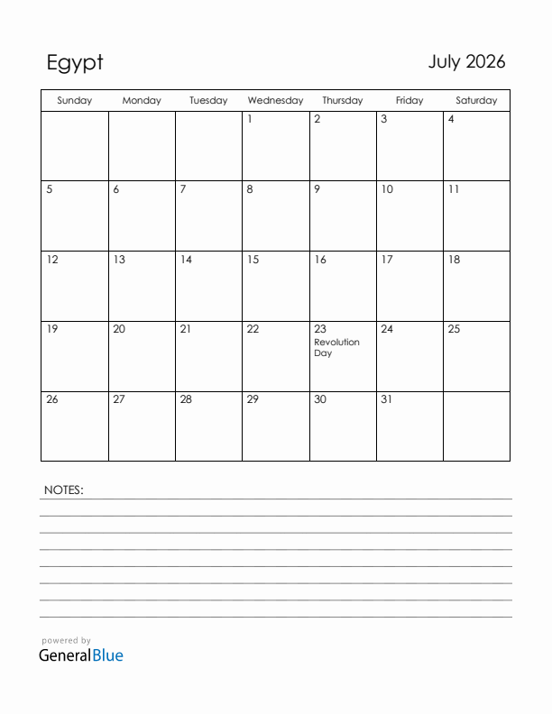 July 2026 Egypt Calendar with Holidays (Sunday Start)