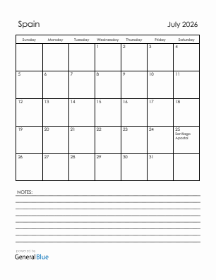 Current month calendar with Spain holidays for July 2026