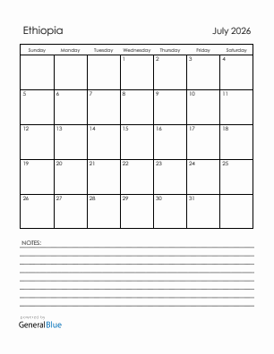Current month calendar with Ethiopia holidays for July 2026