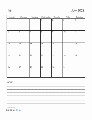 Current month calendar with Fiji holidays for July 2026