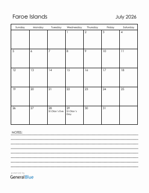 Current month calendar with Faroe Islands holidays for July 2026