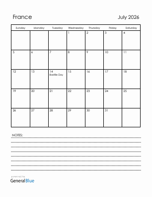 Current month calendar with France holidays for July 2026