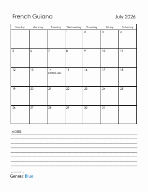 Current month calendar with French Guiana holidays for July 2026