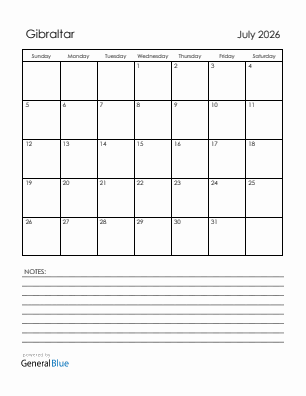 Current month calendar with Gibraltar holidays for July 2026