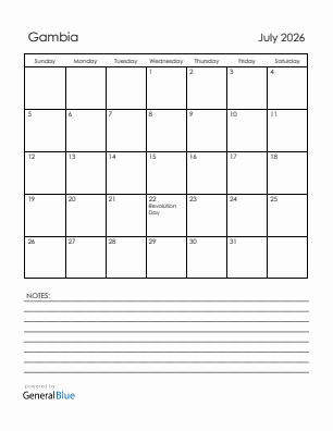 Current month calendar with Gambia holidays for July 2026