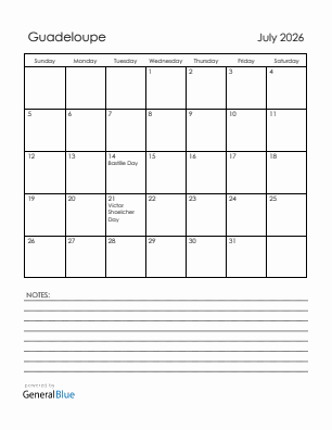 Current month calendar with Guadeloupe holidays for July 2026