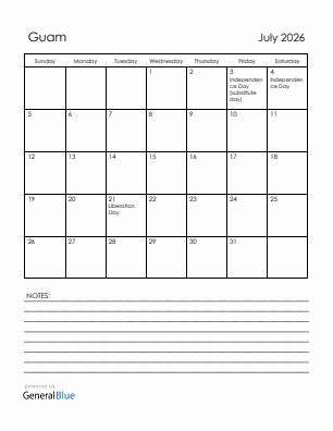 Current month calendar with Guam holidays for July 2026