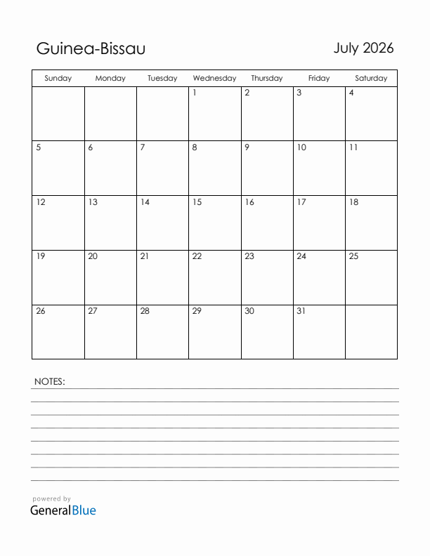 July 2026 Guinea-Bissau Calendar with Holidays (Sunday Start)