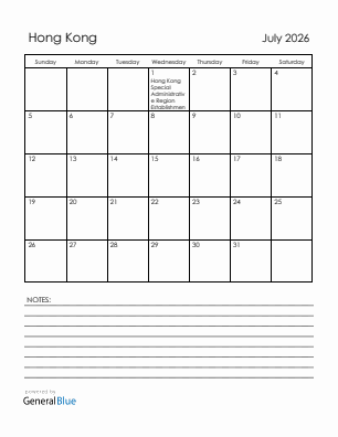 Current month calendar with Hong Kong holidays for July 2026