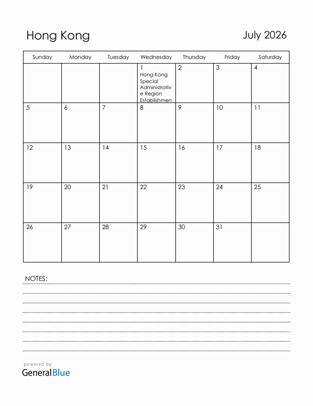 July 2026 Hong Kong Calendar with Holidays (Sunday Start)