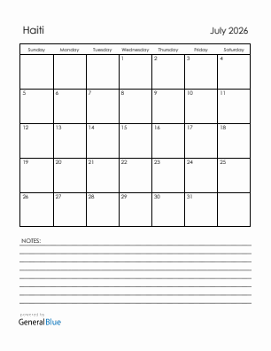Current month calendar with Haiti holidays for July 2026