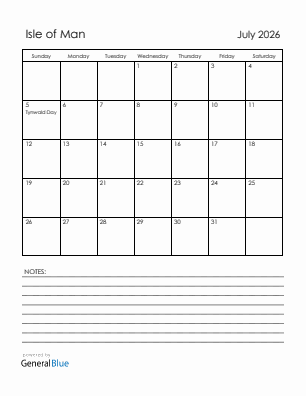 Current month calendar with Isle of Man holidays for July 2026