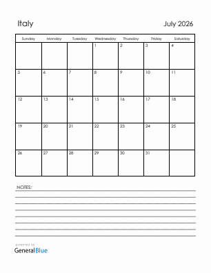 Current month calendar with Italy holidays for July 2026