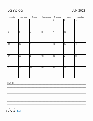 Current month calendar with Jamaica holidays for July 2026