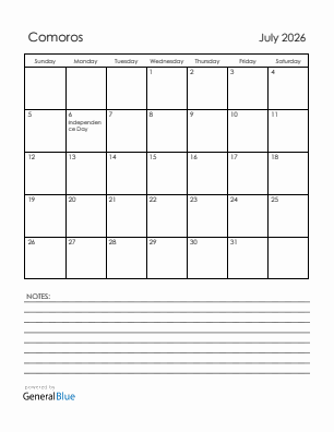 Current month calendar with Comoros holidays for July 2026
