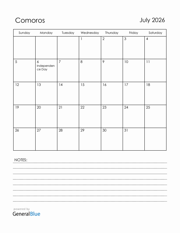July 2026 Comoros Calendar with Holidays (Sunday Start)