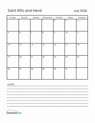 Current month calendar with Saint Kitts and Nevis holidays for July 2026