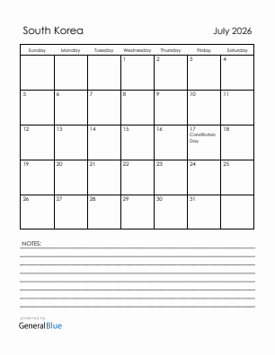 Current month calendar with South Korea holidays for July 2026