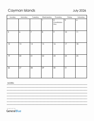 Current month calendar with Cayman Islands holidays for July 2026