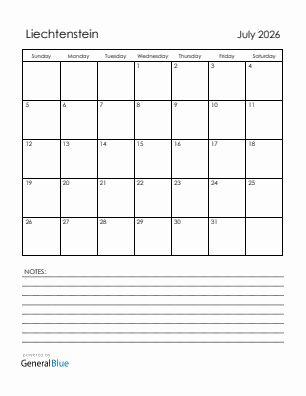 Current month calendar with Liechtenstein holidays for July 2026
