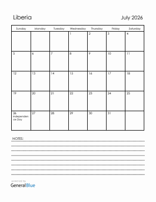 Current month calendar with Liberia holidays for July 2026