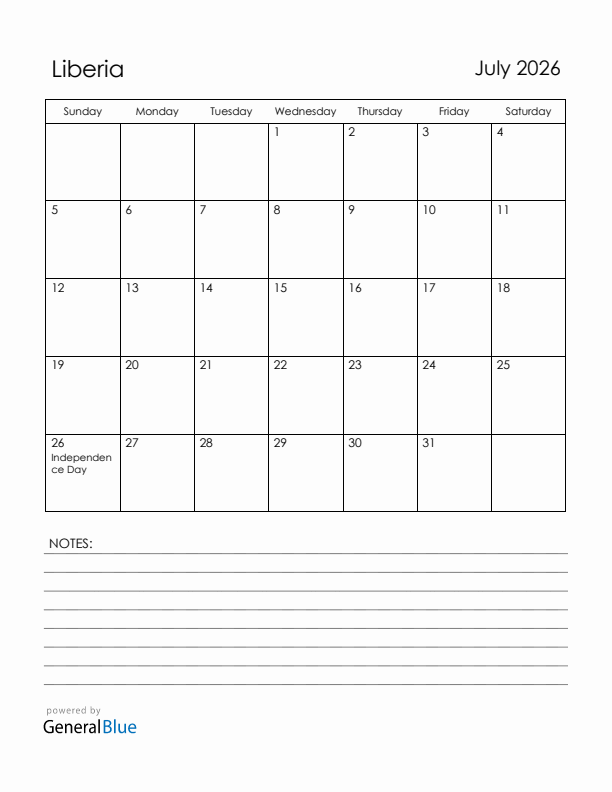 July 2026 Liberia Calendar with Holidays (Sunday Start)
