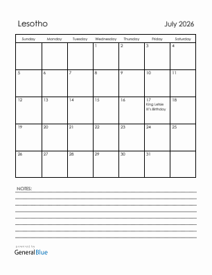 Current month calendar with Lesotho holidays for July 2026