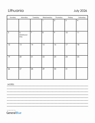Current month calendar with Lithuania holidays for July 2026