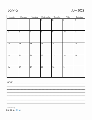 Current month calendar with Latvia holidays for July 2026