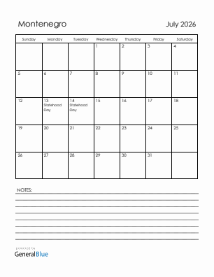 Current month calendar with Montenegro holidays for July 2026